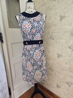 Tory Burch Navy-Trim Floral Midi Dress
